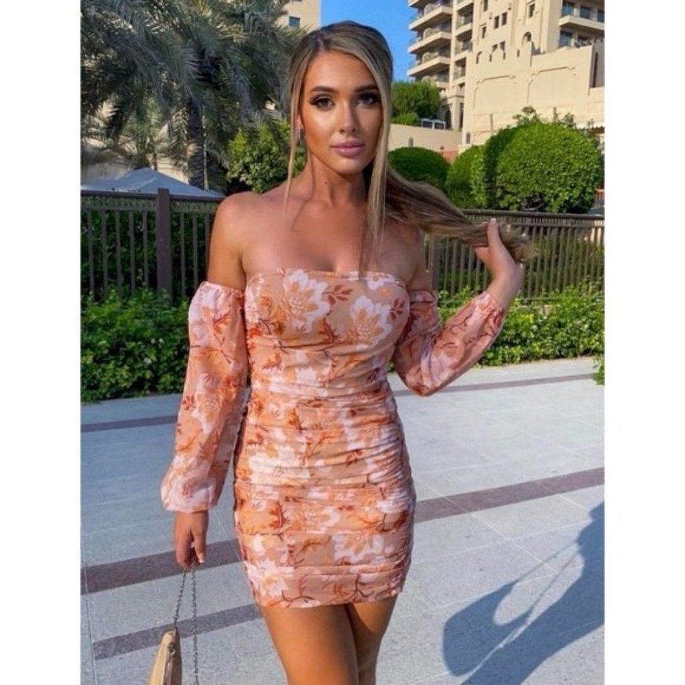 Brown Floral Print Long Sleeve Off Shoulder Ruched Bodycon Mini Dress - Picture 5 of 11